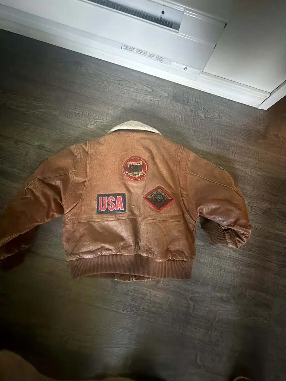 Vintage Climate Control Kids Leather Bomber Flight Jacket with Patches